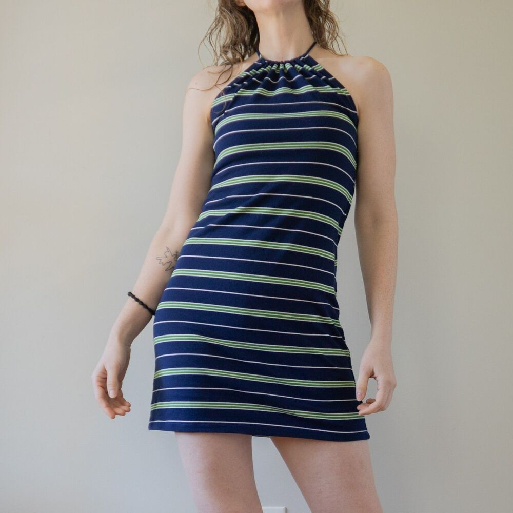 Y2K Blue Green Striped Summer Halter Tube Beach Festival Women's Mini Dress